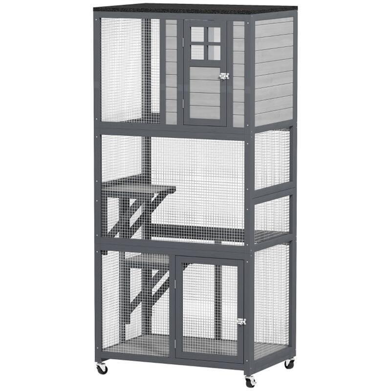 Fir Wood Steel Cat Cage with Wheels and Multi-Levels - Grey