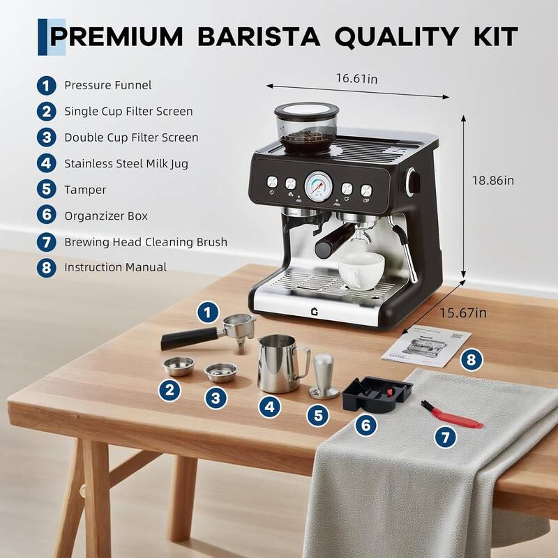 Espresso Coffee Machine with Grinder & 20 Bar Pressure, 2.8L Removable Water Tank, Black