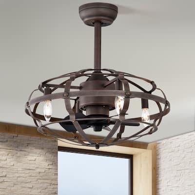 Cusp Barn Modern Enclosed Caged Ceiling Fan with Remote Control, Farmhouse Bladeless Rust Industrial Light Fixture for Bedroom