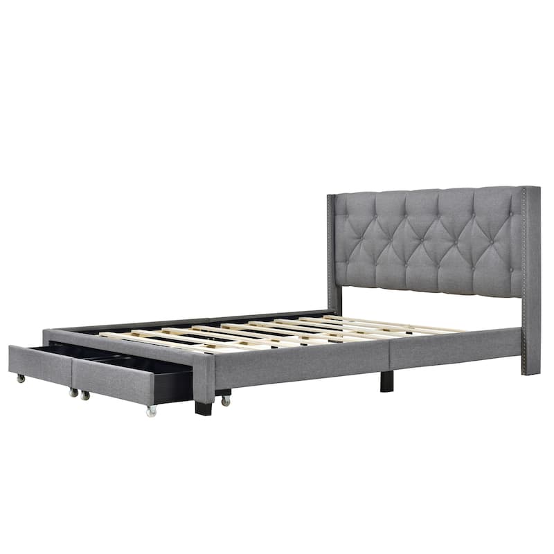 Queen Size Storage Bed, Upholstered Bed Frame with Two Drawers, Linen