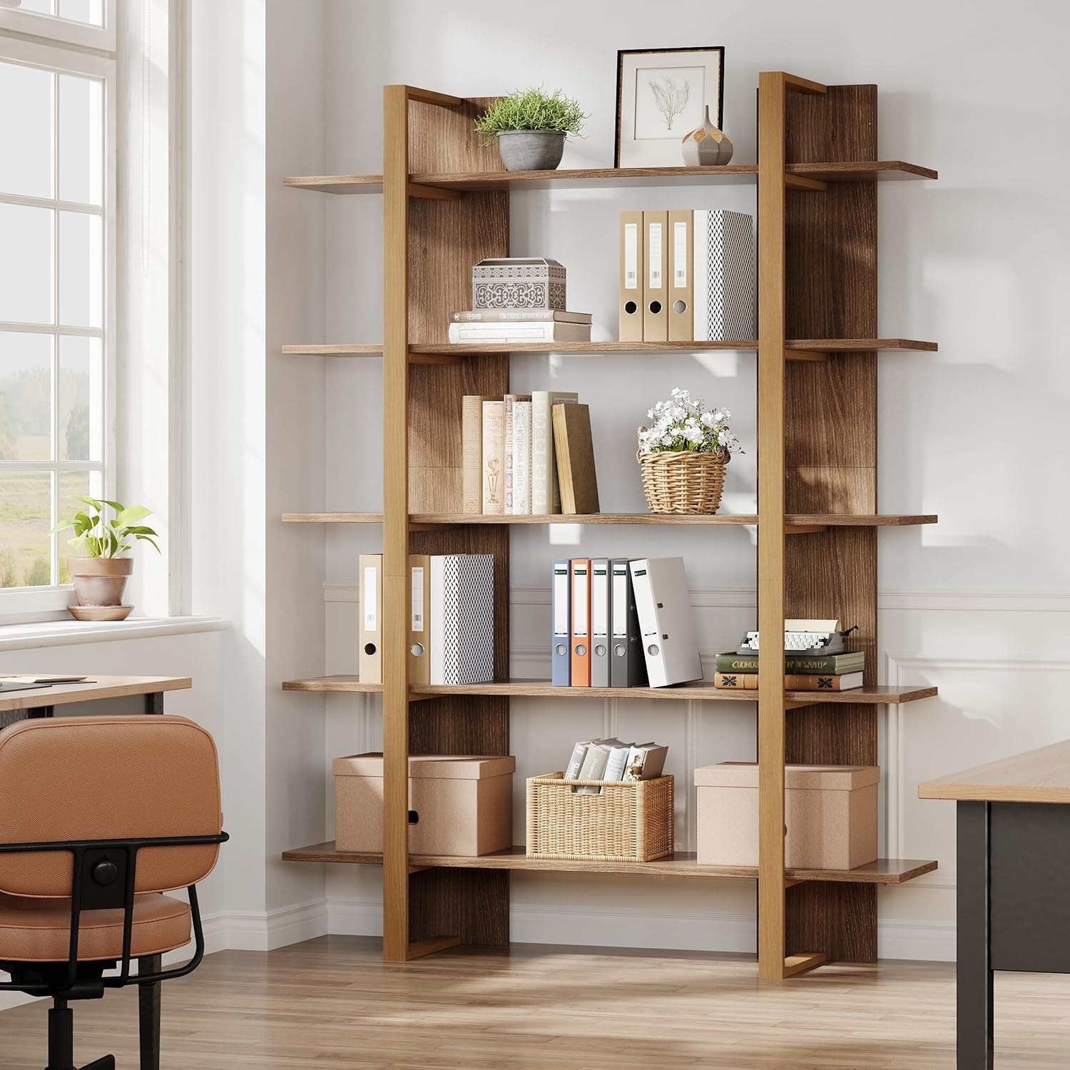 Modern 5-Tier Boho Bookshelf, Open Bookcase with Metal Frame,Retro Oak Beige Storage Shelf for Home Office Bedroom Living Room