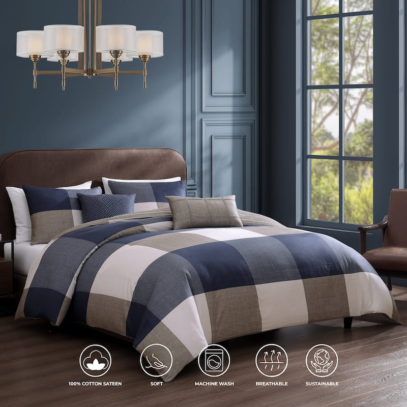 Bebejan Checkered Navy Tan 100% Cotton Sateen 5 Piece Reversible Comforter Set