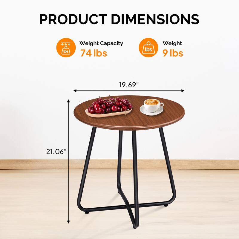 Round Outdoor Side Table Imitation Wood Top Steel Legs Patio Garden Balcony End Table - 19.7 x 19.7 x 20.9