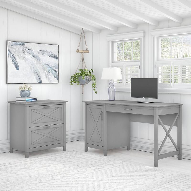Key West 54W Computer Desk with Storage and Cabinet by Bush Furniture - Cape Cod Gray