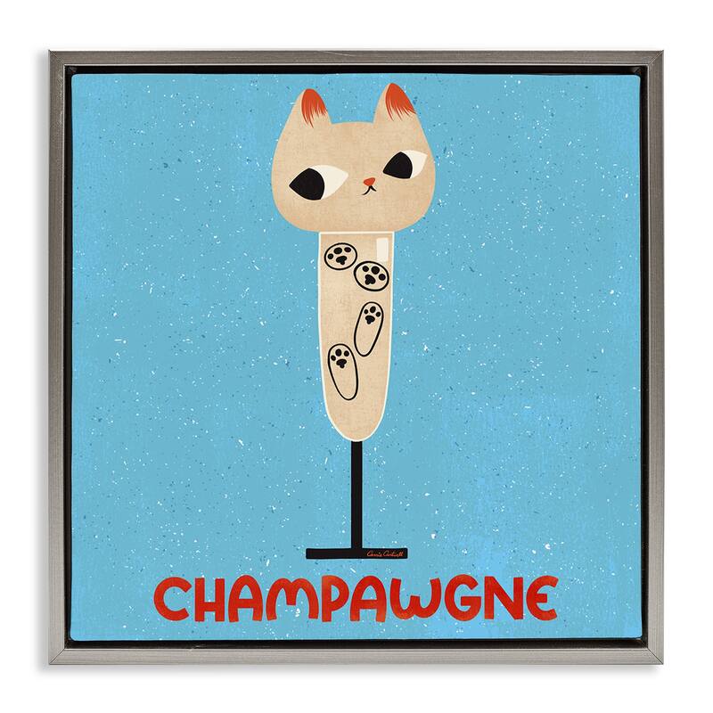 Stupell Champawgne Feline Wine Framed Floater Canvas Wall Art Design By Carrie Cantwell - 18 x 18 - Grey