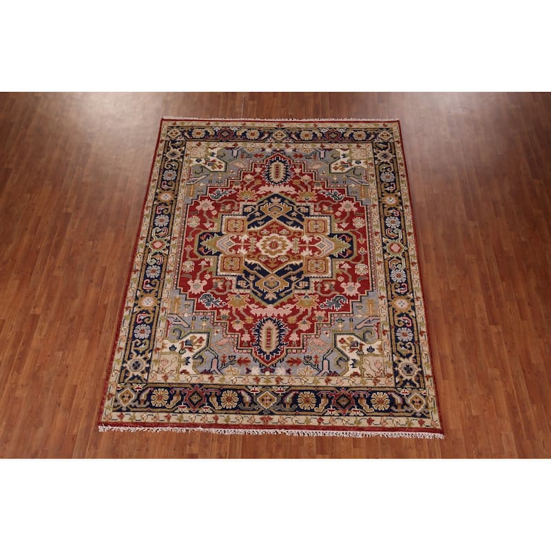 Geometric Heriz Serapi Indian Area Rug Handmade Red Wool Carpet - 7'10"x 10'0"