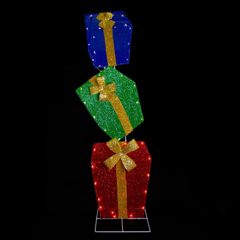 48" LED Lighted Tinsel Stacked Gift Boxes Outdoor Christmas Decoration