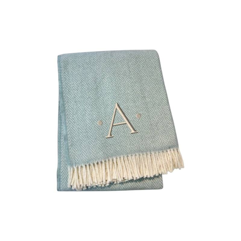 55" X 70" Sky Blue And White Herringbone Cotton Blend S Initial Throw Blanket with Tassels And Embroidery - A
