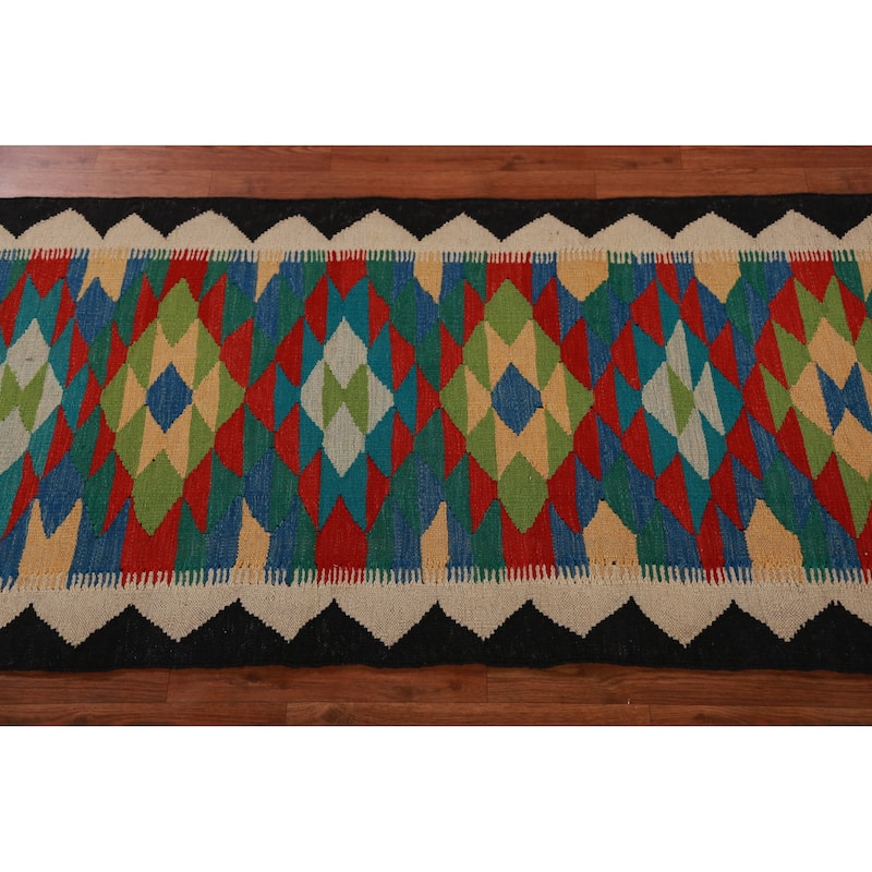 Hand Woven Oriental 100% Wool Carpet Southwestern Geometric Multi-Colored Kilim Runner Rug - 12' 8'' X 2' 8''
