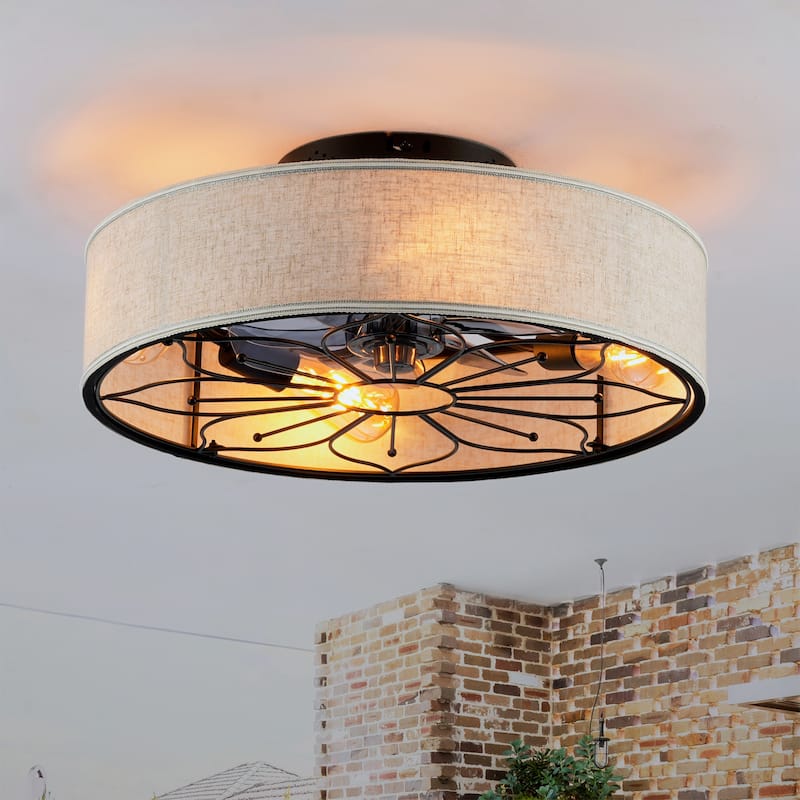 20" Lotus Design Fabric Farmhouse Bladeless Ceiling fan With Remote Control For Living room, Bedroom,Kitchen
