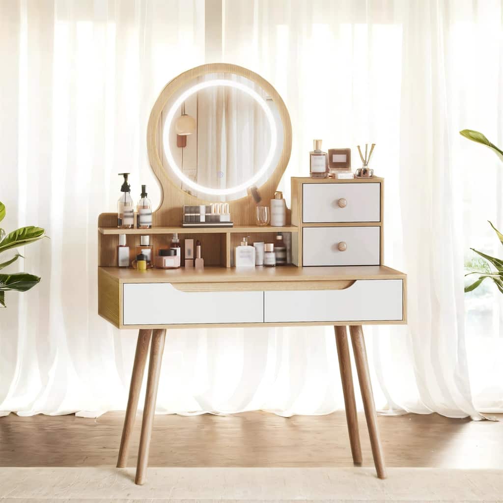Makeup Vanity w/ 3 Color Light Mirror, 4 Drawers, Solid Wood Base