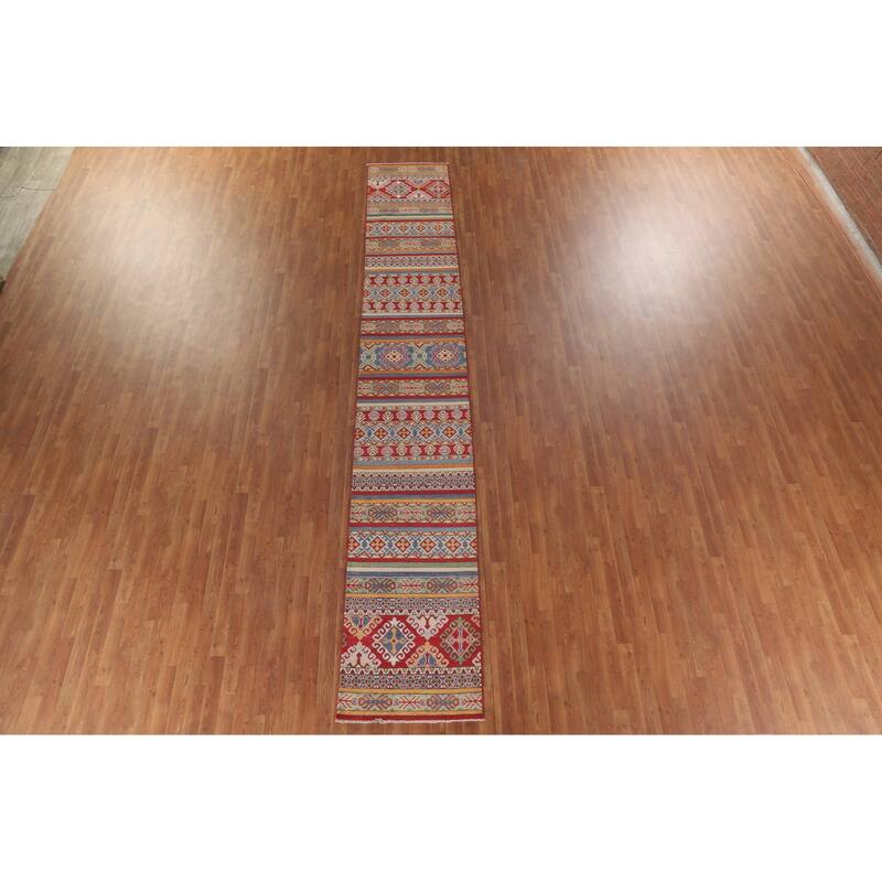 Hand Knotted Oriental 100% Wool Carpet Traditional All-Over Multi-Colored Kazak Runner Rug - 16' 0'' X 2' 7''