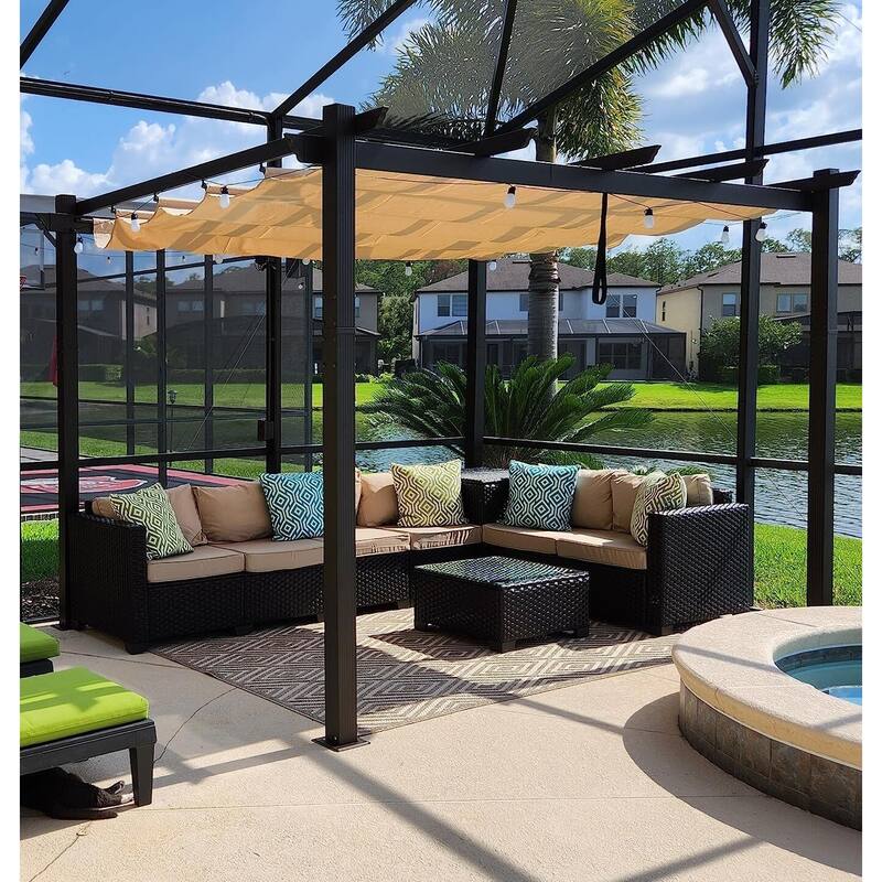 PURPLE LEAF Outdoor Retractable Bronze Metal Pergola w Canopy for Beach Deck Gazebo