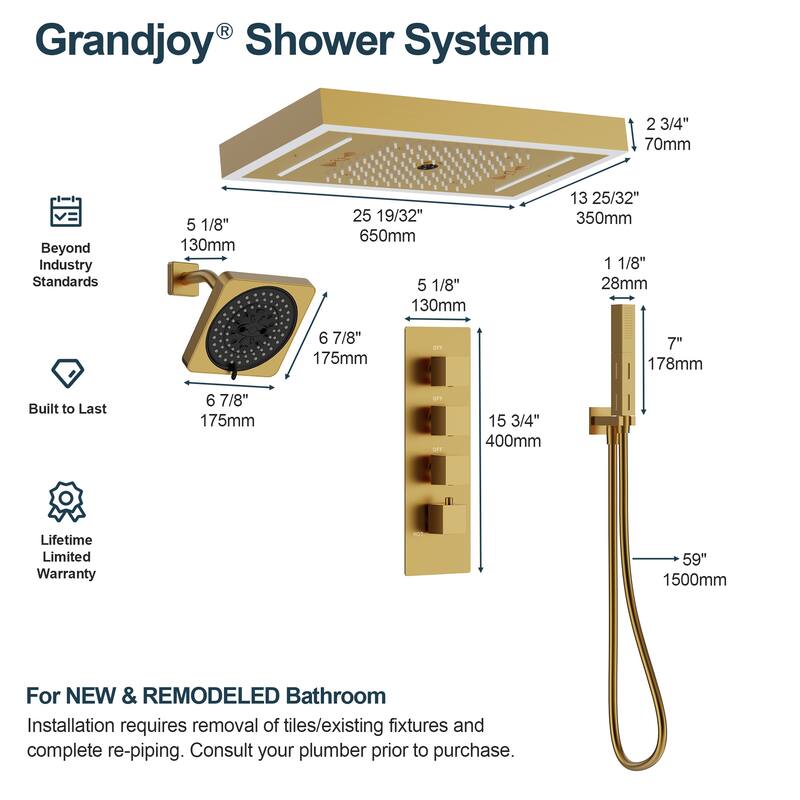 GRANDJOY Thermostatic LED Rain and Waterfall Shower System with Handheld, Ceiling-Mount Modern Design