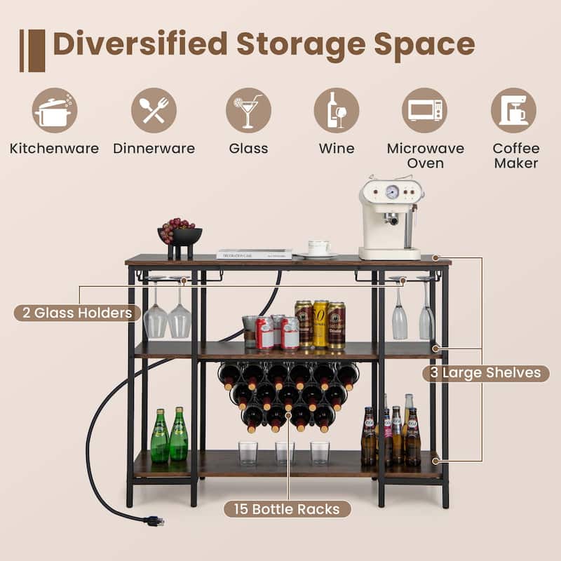Wine Cabinet Bar Table Rack Table for Drinks Glasses w/ Power Outlets