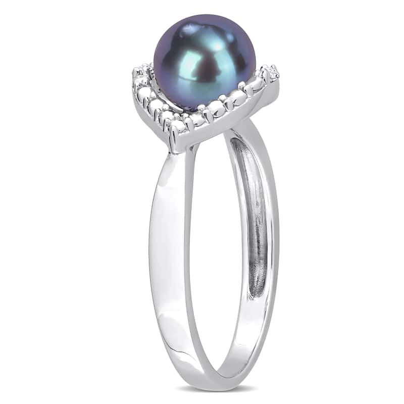 Miadora 7-7.5mm Black Cultured Freshwater Pearl and White Topaz Halo Ring in Sterling Silver
