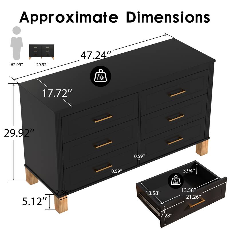 6-Drawer Double Dresser, Modern Storage Cabinet with Metal Handles & Solid Wood Legs