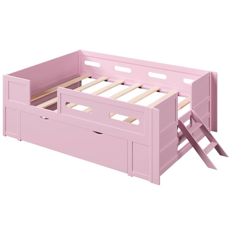 Kids Low Loft Bed with Stairs, Large Drawer and Guardrail, Semi-Enclosed Fence Platform Toddler Bed, Wooden Storage Daybed