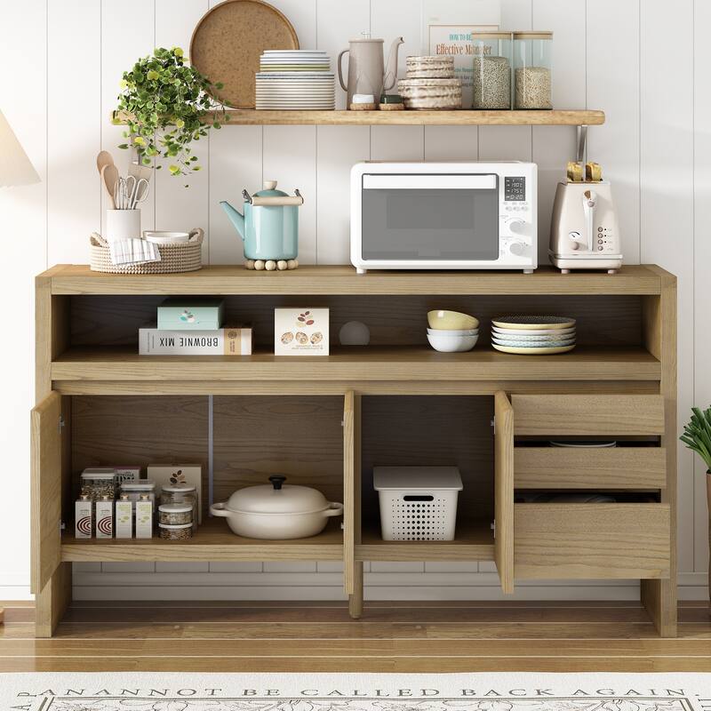 Roomfitters 60" Modern Solid Wood Veneer Sideboard with 3 Doors & 3 Drawers, Open Shelf & Cable Cutout, Large Storage Cabinet