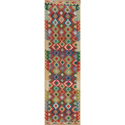 Hand Woven Oriental 100% Wool Carpet Southwestern Geometric Multi-Colored Kilim Runner Rug - 12' 11'' X 2' 9''