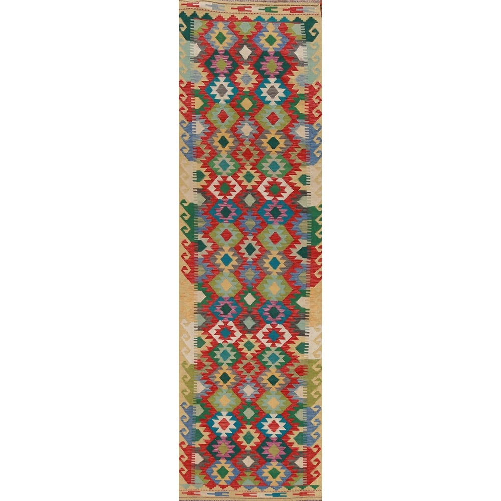 Hand Woven Oriental 100% Wool Carpet Southwestern Geometric Multi-Colored Kilim Runner Rug - 12' 11'' X 2' 9''