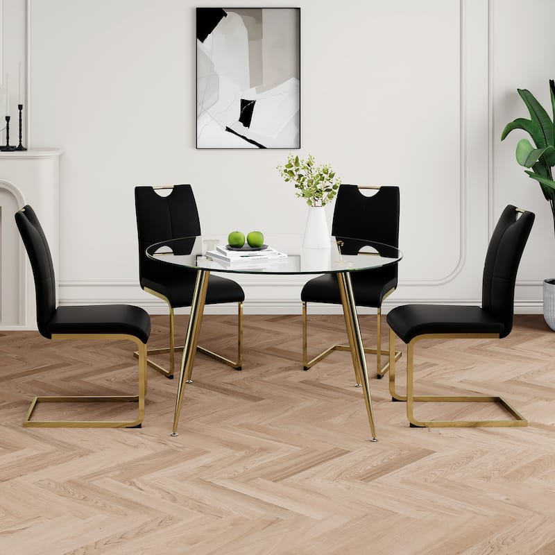 47.2" Luxury Glass Dining Table Set for 4, Circle Kitchen Table with 4 PU Chairs, 5-Piece Modern Dining Table and Chair Set