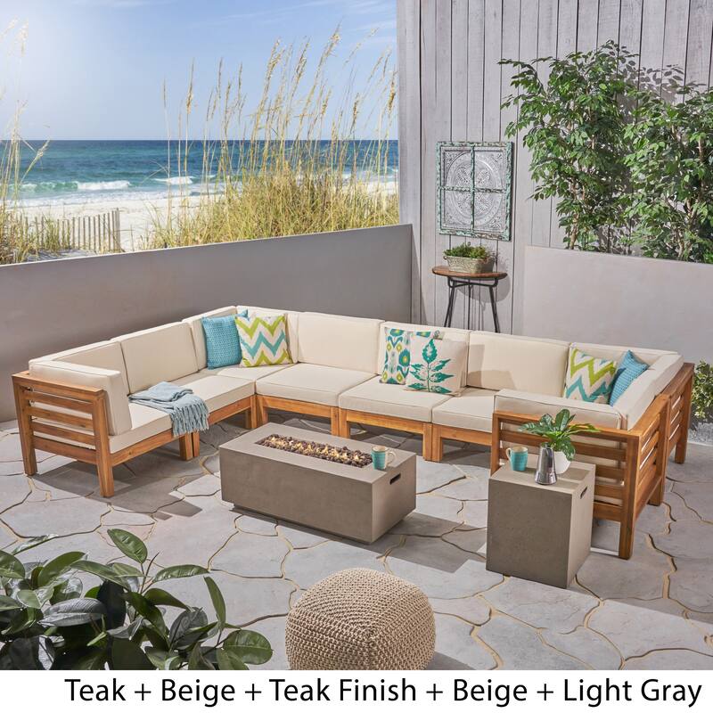 Oana Outdoor U-shaped 8-seat Acacia Sectional Sofa Set w/ Fire Pit by Christopher Knight Home