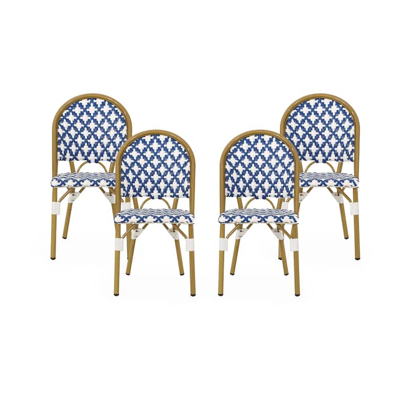 Louna Outdoor French Cafe Chair (Set of 4) by Christopher Knight Home - Blue + White + Bamboo Print Finish