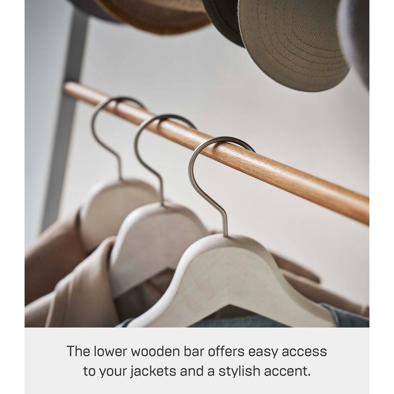 Yamazaki Home Coat Rack with Hat Storage, Steel and Wood - L 16.54 x W 19.69 x H 65.75 inches