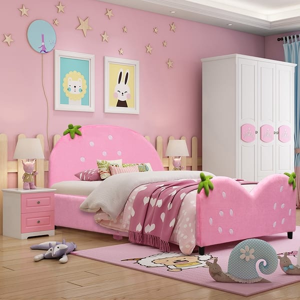 slide 2 of 11, Costway Kids Children Upholstered Platform Toddler Bed Bedroom Pink