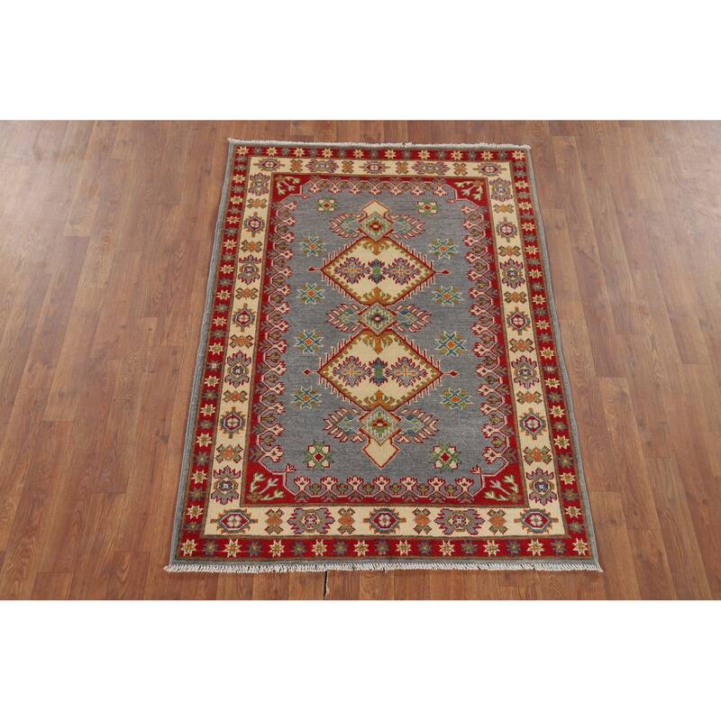 Gray Geometric Kazak Oriental Accent Rug Hand-Knotted Wool Carpet - 3'5" x 4'10"