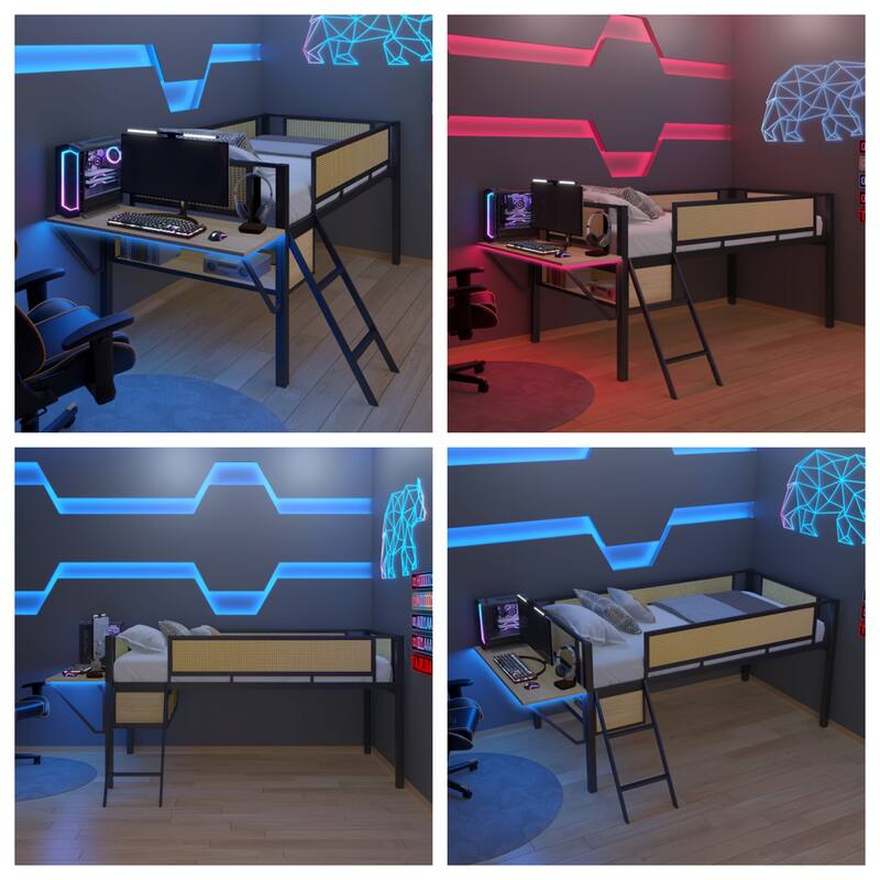 Twin Size Metal LED Loft Bed with Rectangular Desk and Storage Shelves