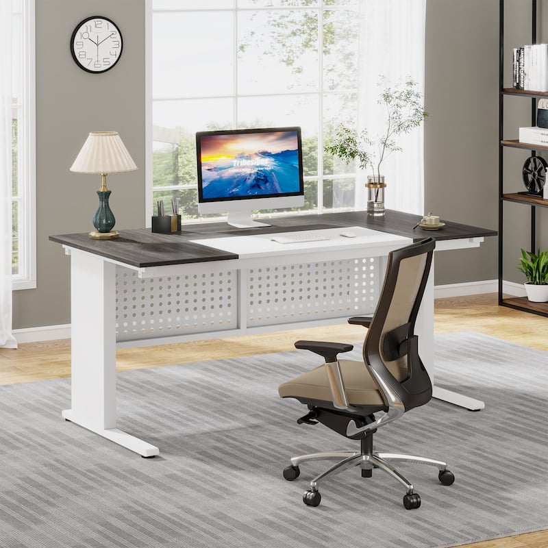 63-Inch L Shaped Executive Desk with File Cabinet, Large Computer Desk with Drawer and Shelves for Home Office