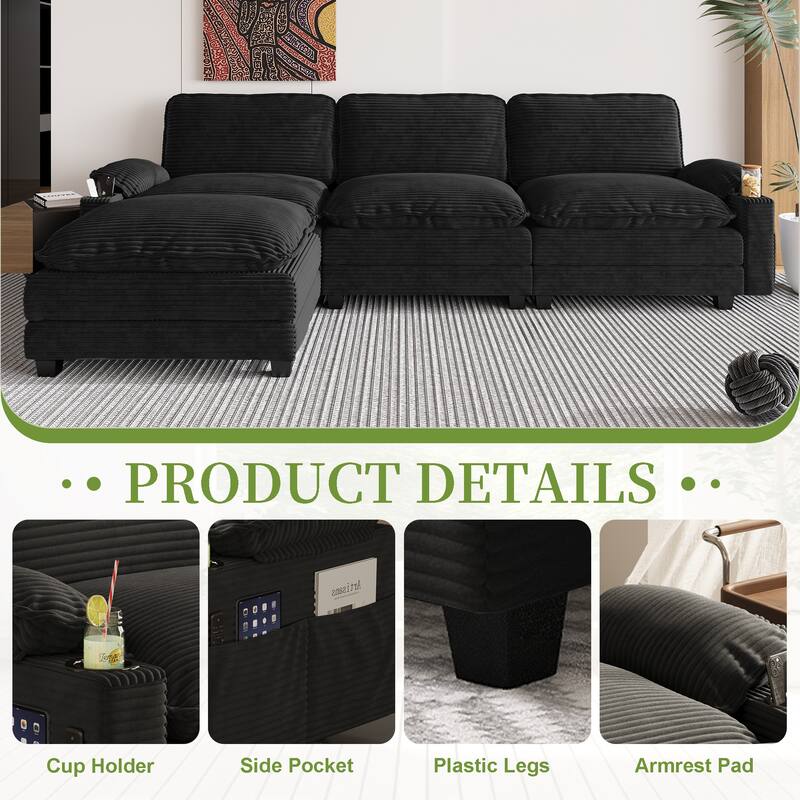 113" L Shaped Sectional Sofa, Deep Seat Cloud Couch with Ottoman, Oversized Corduroy Couch with Cup Holders, Storage Bags