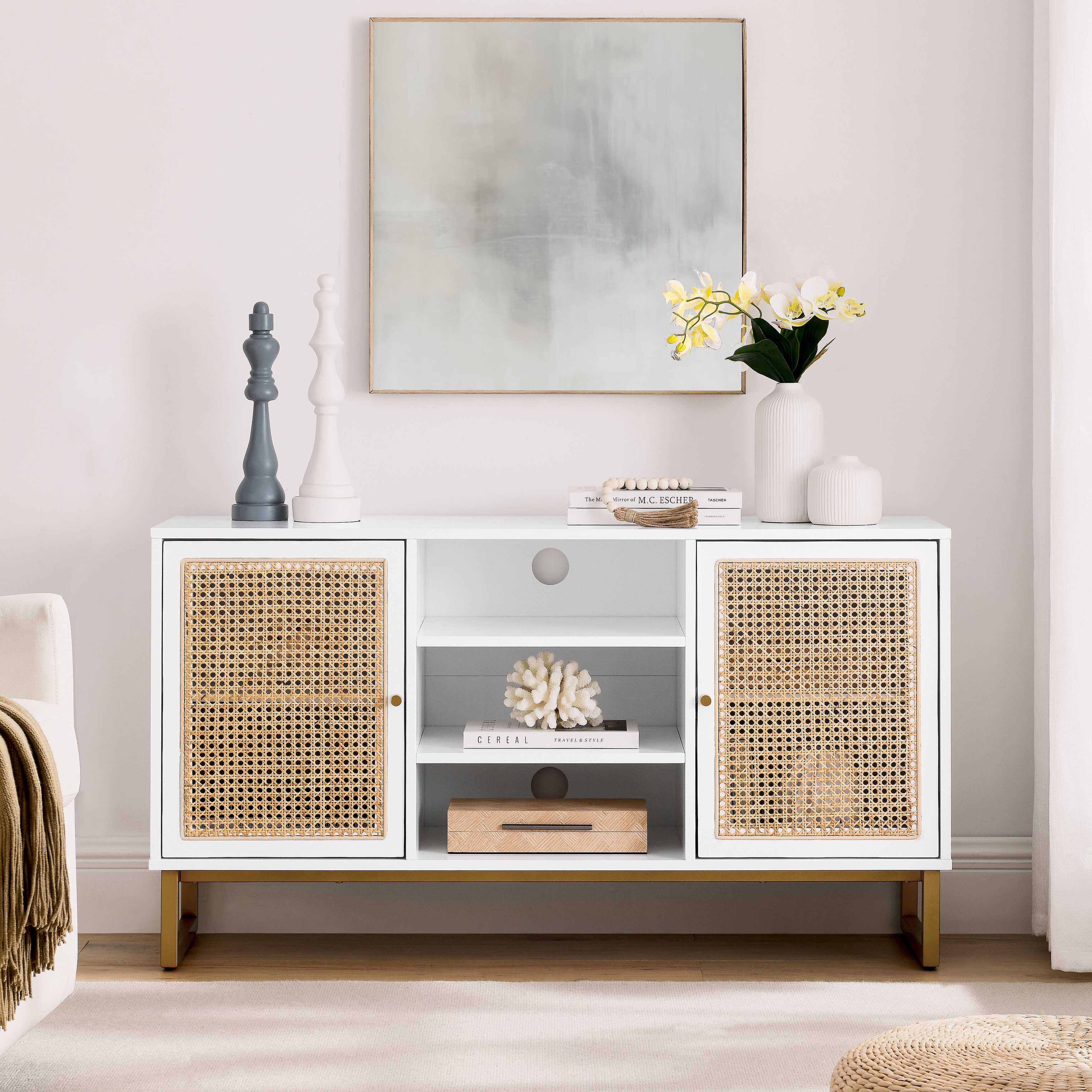 47 Inch Mid Century Modern White TV Stand with Adjustable Shelf Rattan TV Stands Entertainment Cabinet Media Console