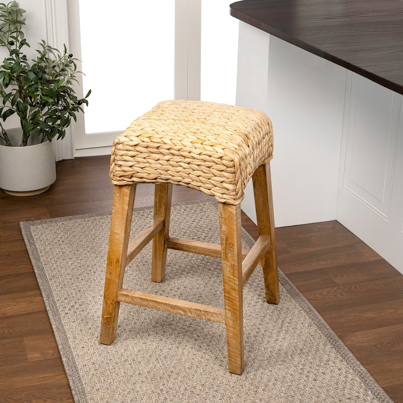 Swayze Rustic Bohemian Hyacinth/Wood Backless Bar Stool, by JONATHAN Y - Counter Height - Natural