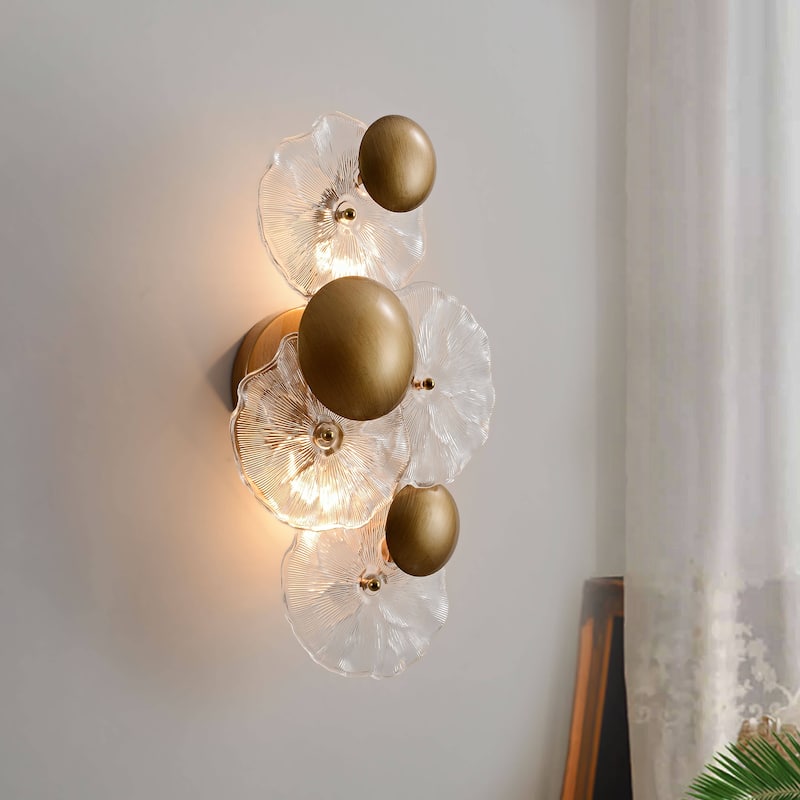 Frieda 2-Light Brushed Brass Glass Flower Wall Sconce - 9" W x 16" H x 5.5" D