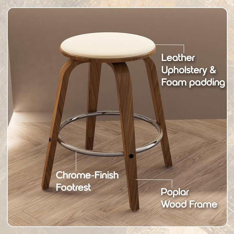 Leather Counter Stool Swivel Round Seat Poplar Wood Frame Iron Foot Rest