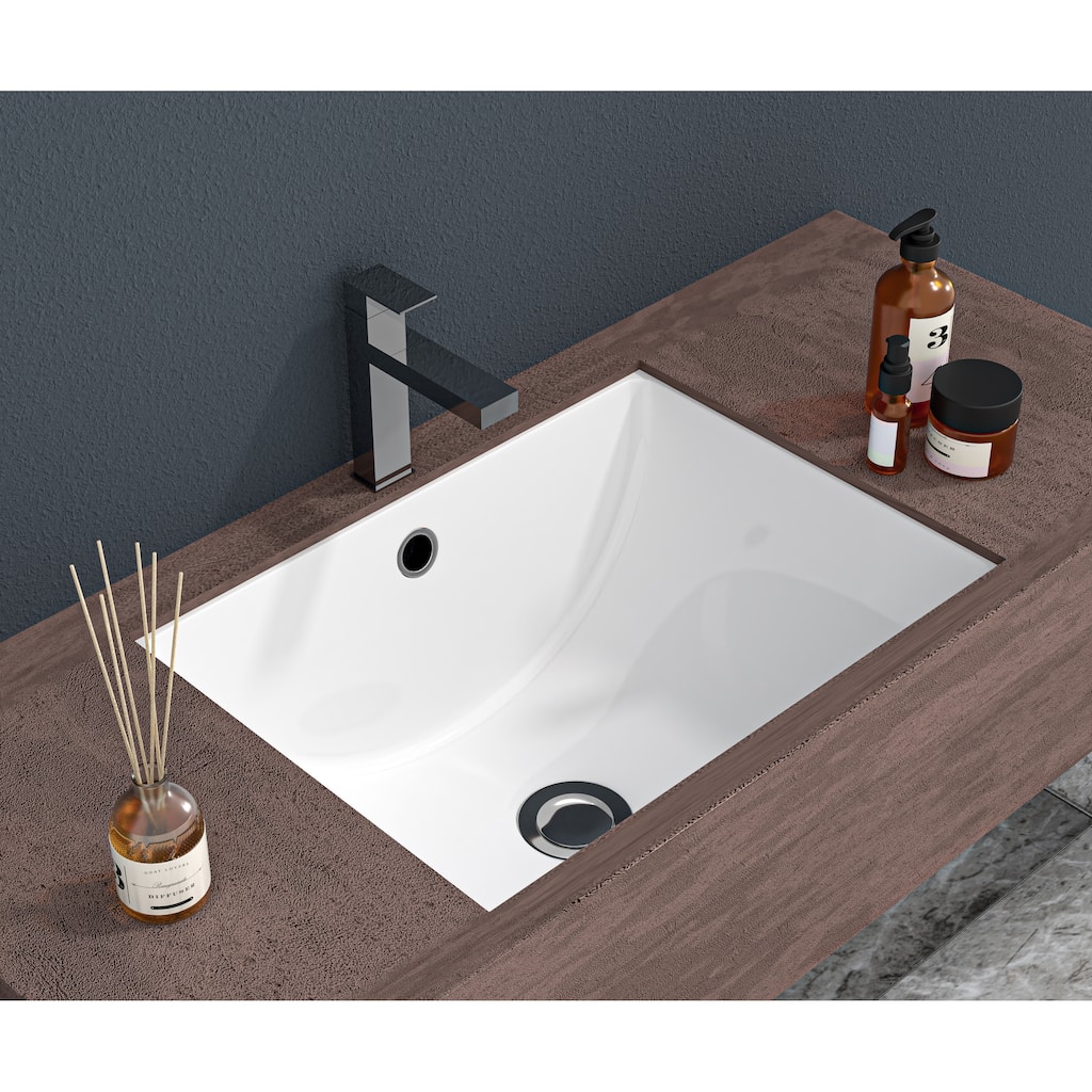 Modern White Undermount Bathroom Sink, Sleek Rectangular Ceramic Design, Stain-Resistant with Overflow - 21in L Ceramic