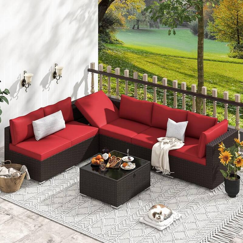 EROMMY 6/7 Piece Modular Outdoor Rattan Sofa Set, All-Weather Wicker Patio Furniture with Storage Table, Cushions & Pillows - 7 Pcs - Wine Red