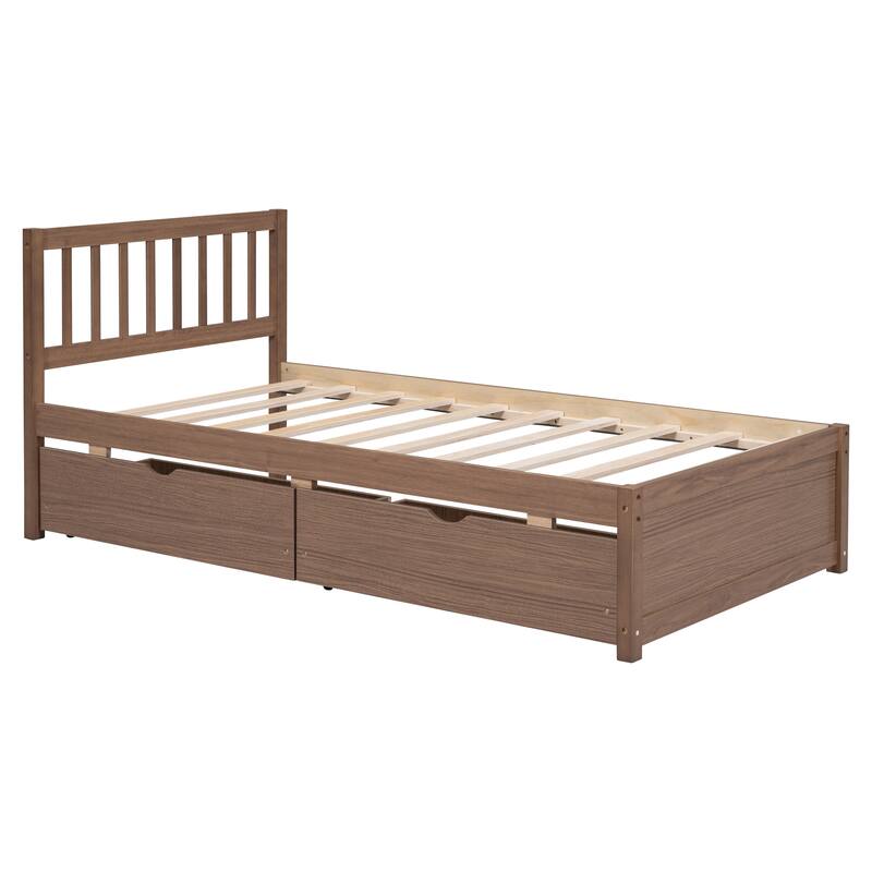 Space-Saving Twin Size Platform Bed with 2 Storage Drawers, Sturdy Rubber Wood Frame - Easy Assembly