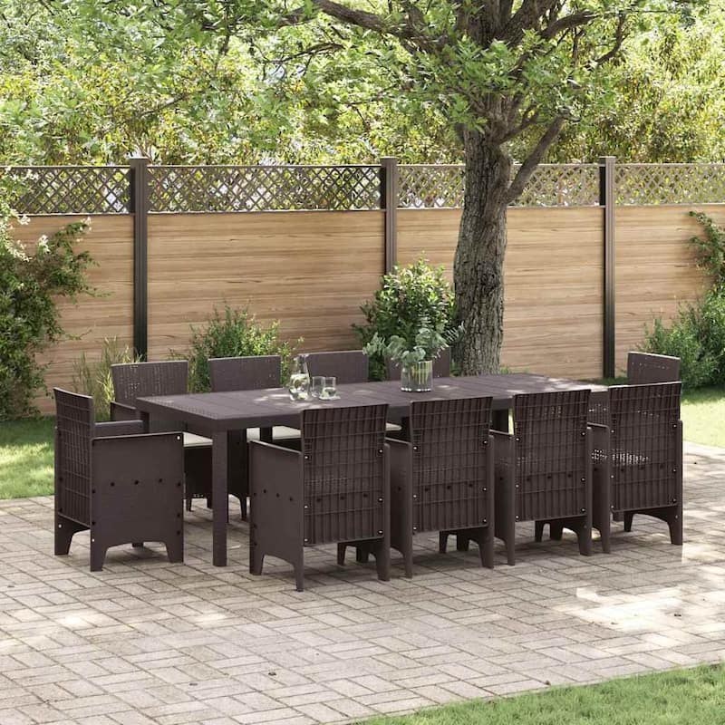 vidaXL Garden Dining Set 9/11 pcs Anthracite/Brown Polt rattan - 250 x 100 x 73 cm - Brown/ Cream white/ 10 seater