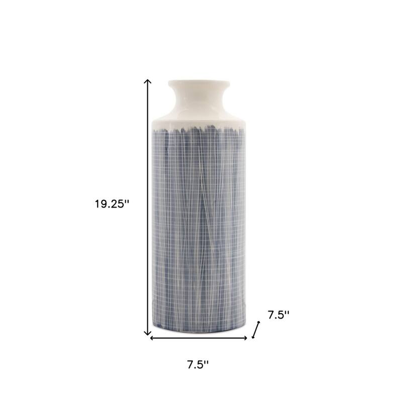 Blue and White Terracotta Floor Vase with Geometric Pattern Cylinder Shape