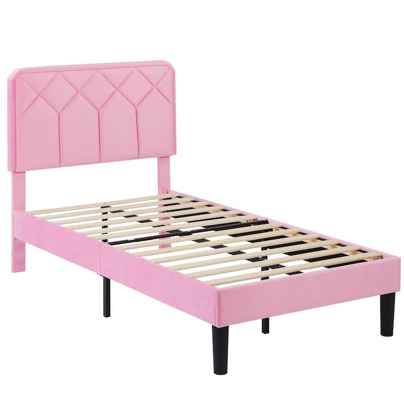 2 Pack Twin Size Kids Bed Frame Height Adjustable Diamond Pattern Upholstered Headboard Bed Twin Size Bed Set of 2