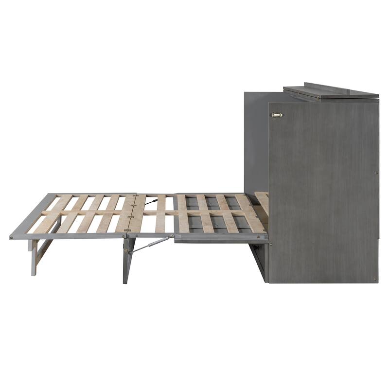 Queen Size Space-Saving Murphy Bed with Storage Drawers and USB Ports, Brushed Gray