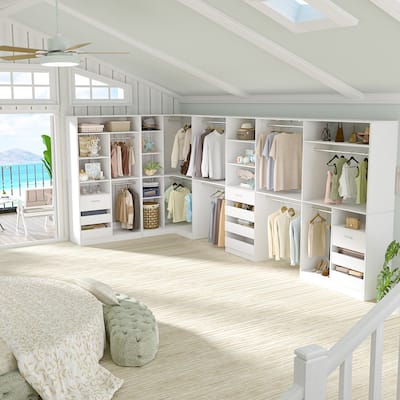 Qvella 72''-204'' Corner Closet System with 10 Wooden Drawers and 10 Hanging Rods, Walk-in Closet Organizer Wardrobe Rack