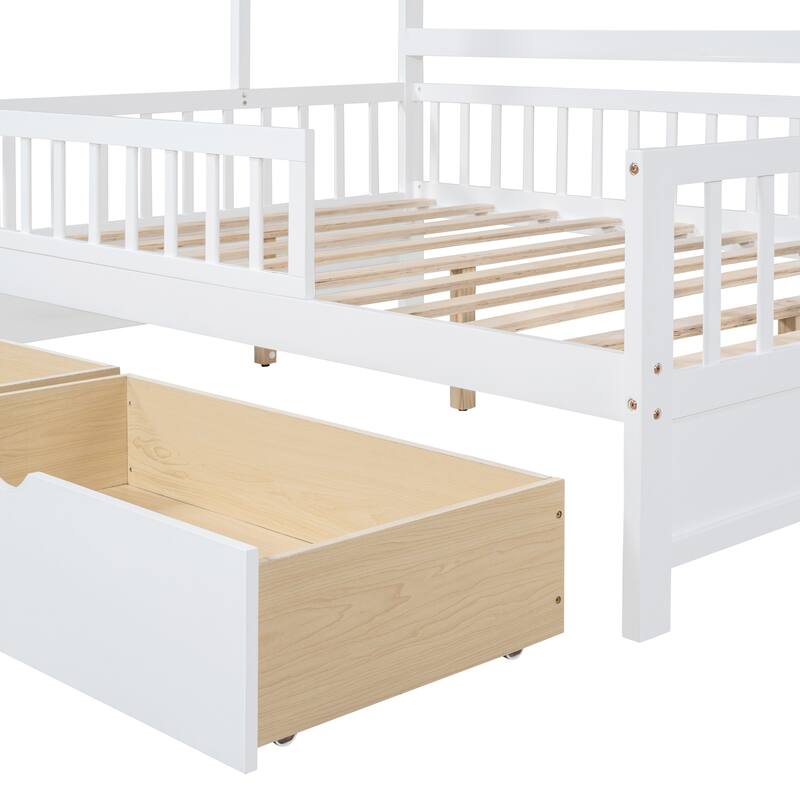 Kids Wood Bed Frame Roof House Bed with 2 Pull-out Drawers, Storage Platform Bed, Wood Slat Support Panel Bed