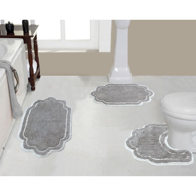 Allure Collection 100% Cotton Non-Slip Bathroom Rug Set, 3 Piece Machine Washable- Bathroom Rug, Bath Rug, U Shaped Contour - Grey