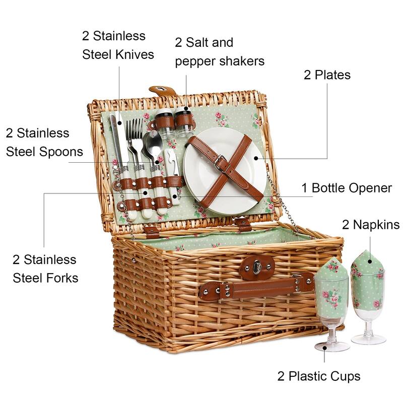 Wicker Picnic Basket for 2, Handmade Willow Hamper Basket Sets 2 Person Picnic Basket with Utensils Cutlery Perfect