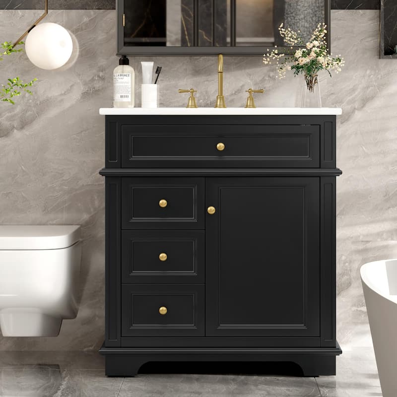 30" Bathroom Vanity with Sink, Tip-Out Drawer, Three Drawers, Door Shelf